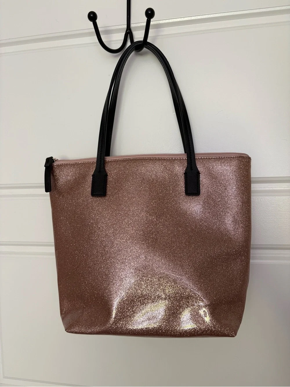 Kate Spade Rose Gold Glitter Tote with Black Handles